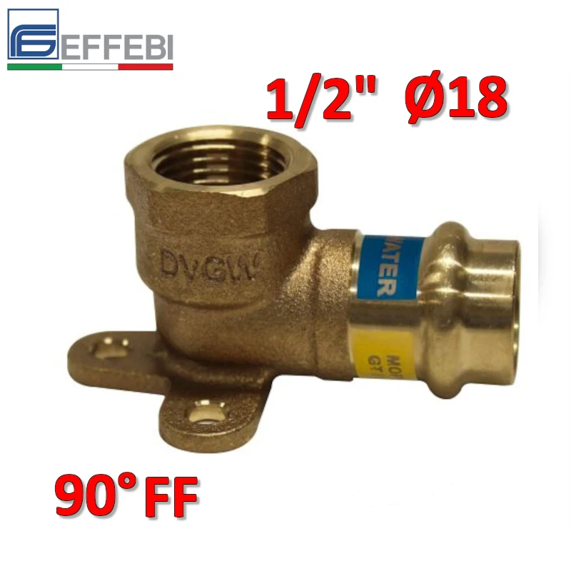 Coude en bronze à 90° avec support F 1/2'' x Ø 18 mm - UNIQUE raccord à pression en cuivre pour eau et gaz
