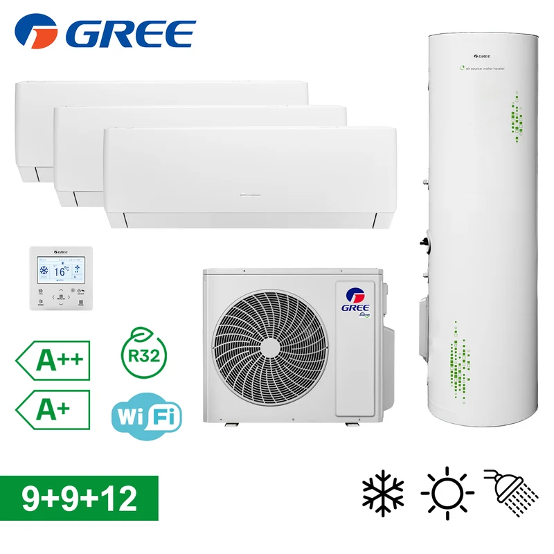 Climatiseur split GREE PULAR 9+9+12 avec réservoir ACS de 200 L, qualité A++ A+