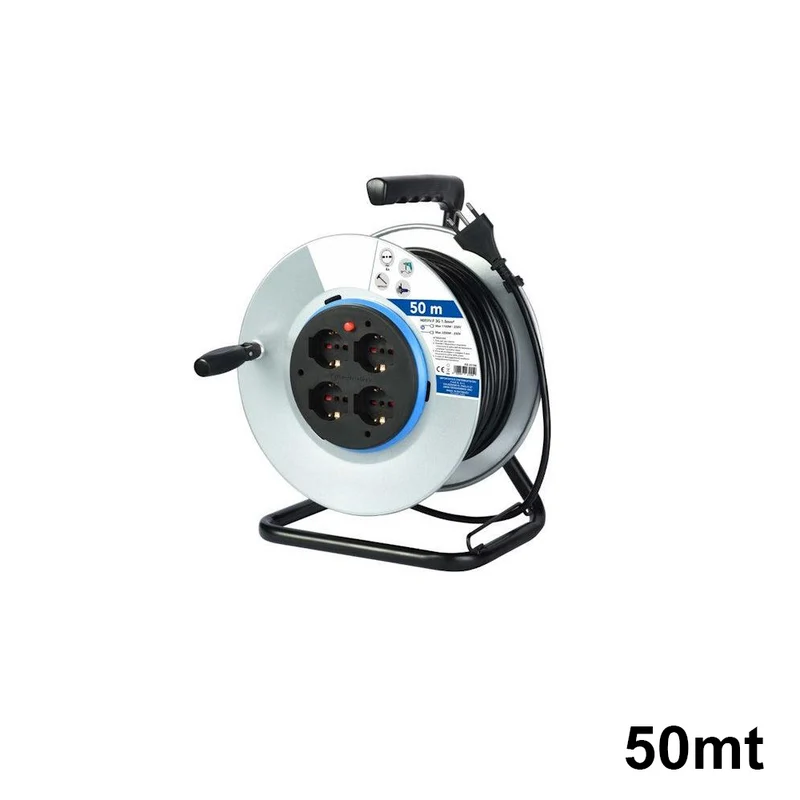 Enrouleur de câble de 50 mètres avec 4 prises Schuko 2P+T 10A 16A