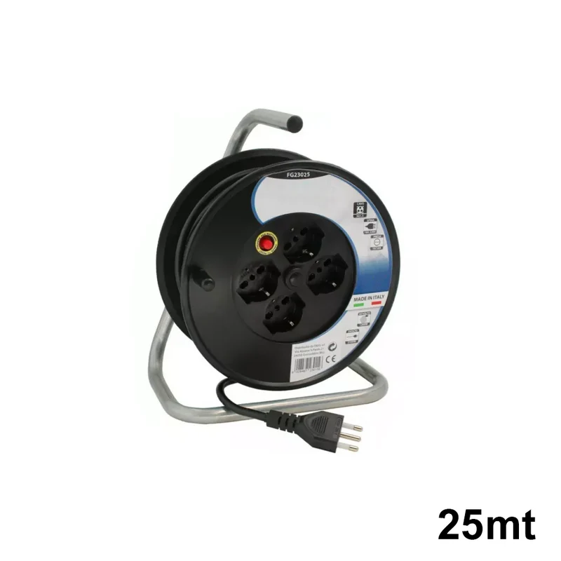 Enrouleur de câble de 25 mètres avec 4 prises Schuko 2P+T 10A 16A