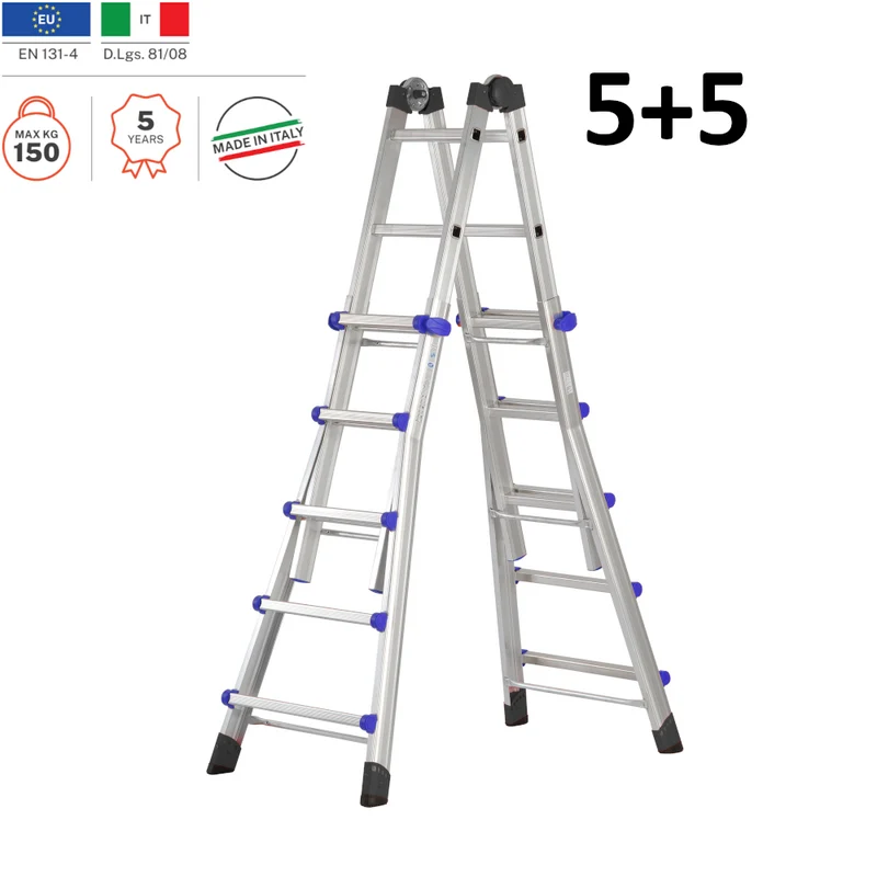 Échelle télescopique multifonctionnelle en aluminium avec 5+5 barreaux, capacité 150 kg.