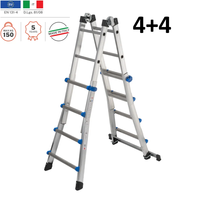 Échelle télescopique multifonctionnelle en aluminium avec 4+4 barreaux et une capacité de 150 kg.