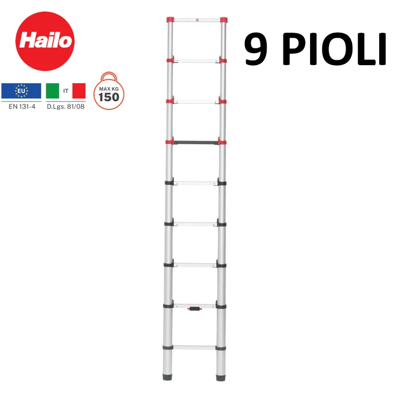 Échelle télescopique extensible en aluminium Hailo à 9 barreaux, capacité de charge 150 kg.