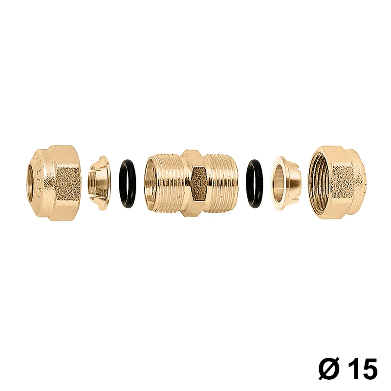 Raccord à compression bicono à double manchon pour tuyau en cuivre de diamètre 15 x 15 mm