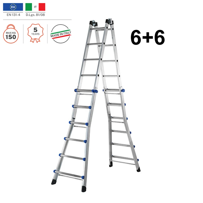 Échelle télescopique multifonctionnelle en aluminium avec 6+6 barreaux, capacité 150 kg.