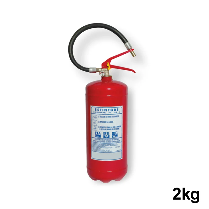 Extincteur à poudre homologué de 2 kg, fourni avec un tuyau de Ø 140 mm.