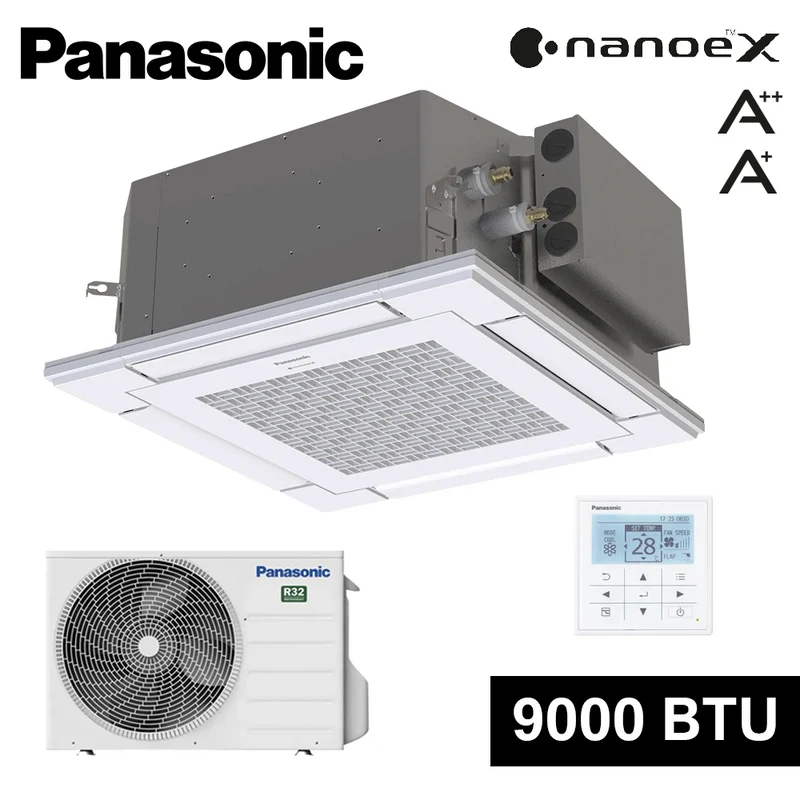 Climatiseur cassette Panasonic PACi NX 4 voies 60×60 cm 9 000 BTU R32 A++ — avec panneau et commande